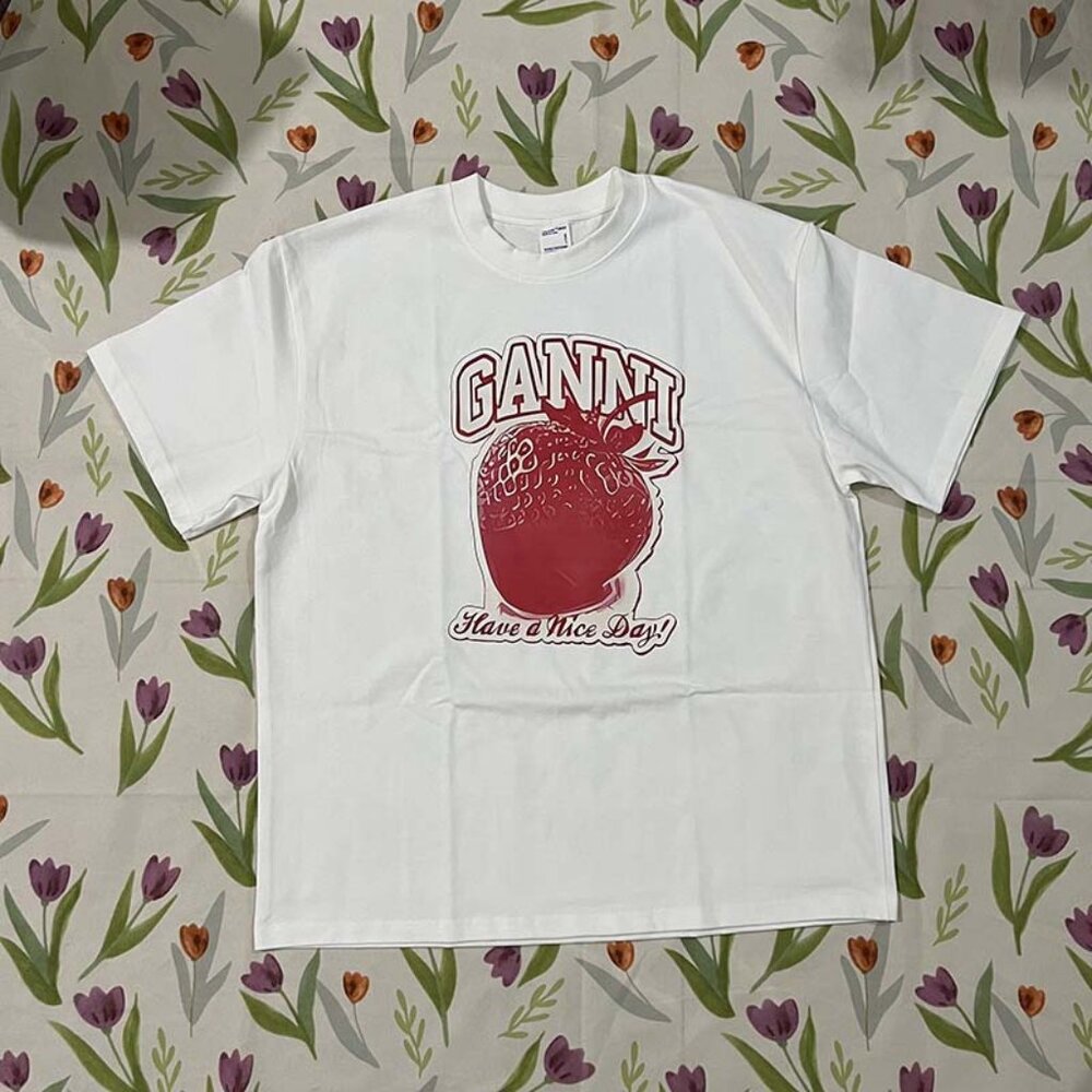 Ganni White Strawberry Print Short Sleeve Shirt